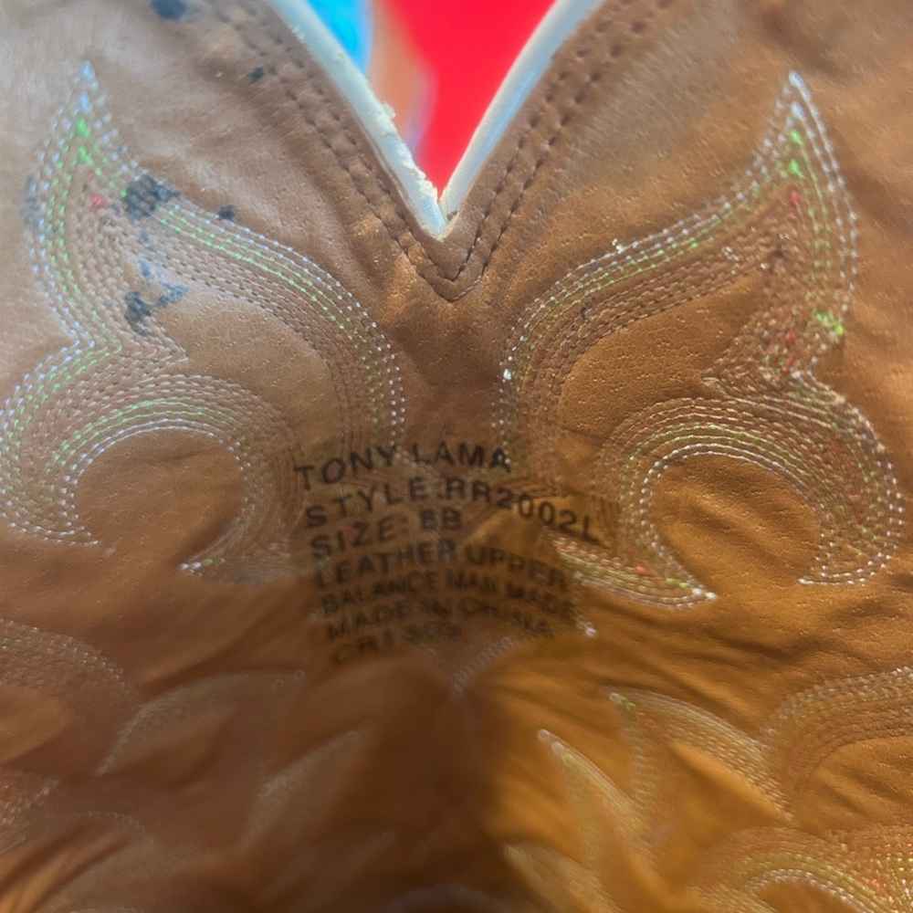 Tony Lama Brown Leather Cowboy Boots with Turquoise Stitching - Picture 4 of 7